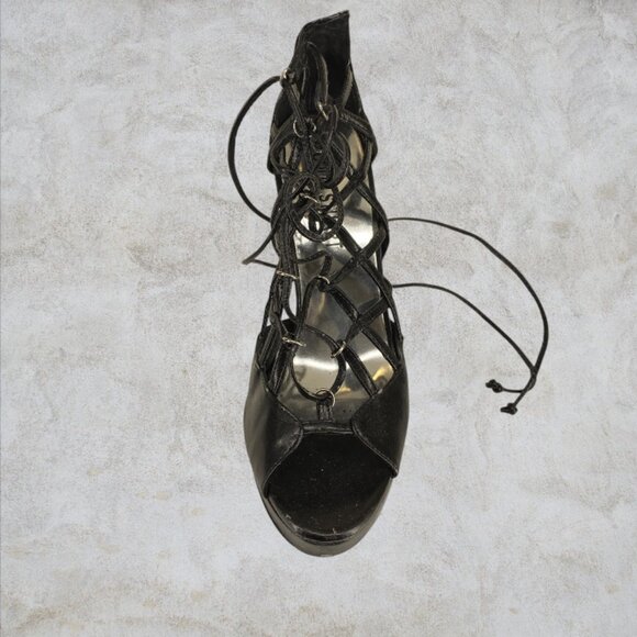 COLIN STUART -- Black Lace-Up Stiletto Heels, Ultra High, Platform, Rarely Worn - Picture 6 of 9